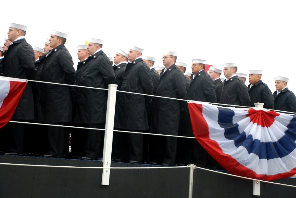 US Navy 091205-N-3090M-112 The crew of the Virginia-class attack submarine Pre-Commissioing Unit (PCU) Missouri (SSN 780) stands at parade rest during the ship's christening ceremony