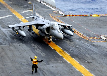 US Navy 091203-N-3165S-008 An AV-8B Harrier prepares for its final take-off from USS Bataan (LHD 5)