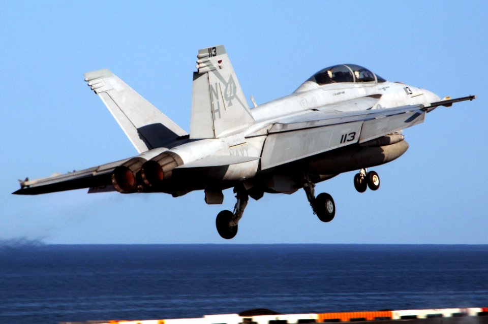 US Navy 091207-N-3038W-486 An F-A-18F Super Hornet assigned to the Black Aces of Strike Fighter Squadron (VFA) 41 launches from the aircraft carrier USS Nimitz (CVN 68) The Nimitz Carrier Strike Group is on a routine deployment