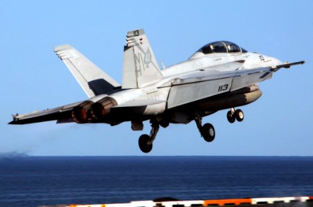 US Navy 091207-N-3038W-486 An F-A-18F Super Hornet assigned to the Black Aces of Strike Fighter Squadron (VFA) 41 launches from the aircraft carrier USS Nimitz (CVN 68) The Nimitz Carrier Strike Group is on a routine deployment