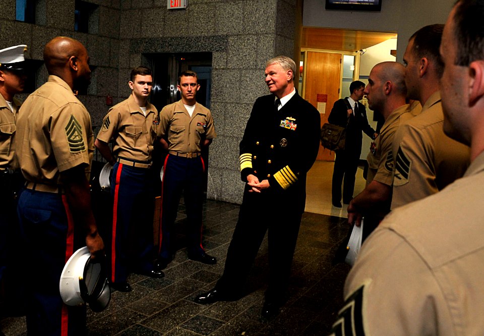 US Navy 091202-N-8273J-011 Chief of Naval Operations (CNO) Adm. Gary Roughead speaks with the U.S. Marine Corps security detachment at the U.S. Embassy in Bogota, Colombia