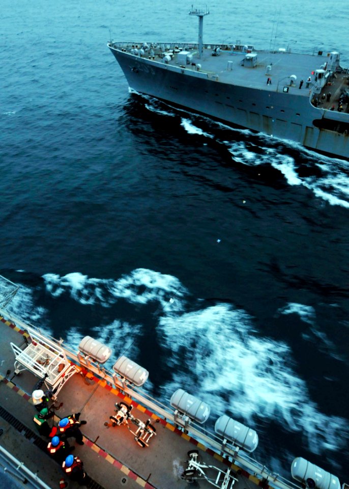 US Navy 091204-N-2735T-083 Crewmembers of the amphibious assault ship USS Nassau (LHA 4) hold onto a measuring line during an underway replenishment