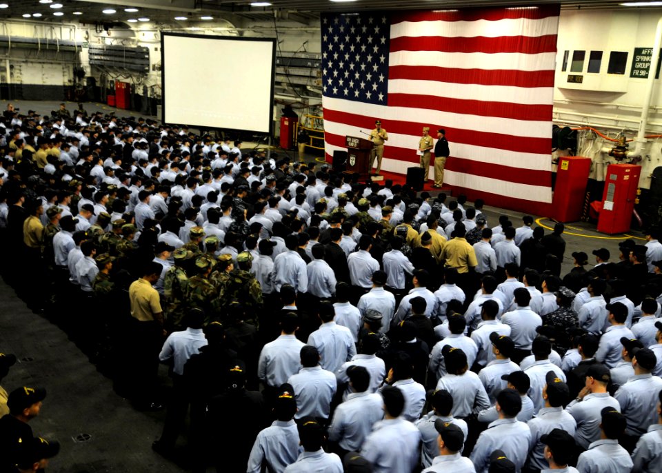 US Navy 091208-N-0120A-019 Vice Adm. Mark Ferguson conducts an all hands call aboard USS Essex (LHD 2)