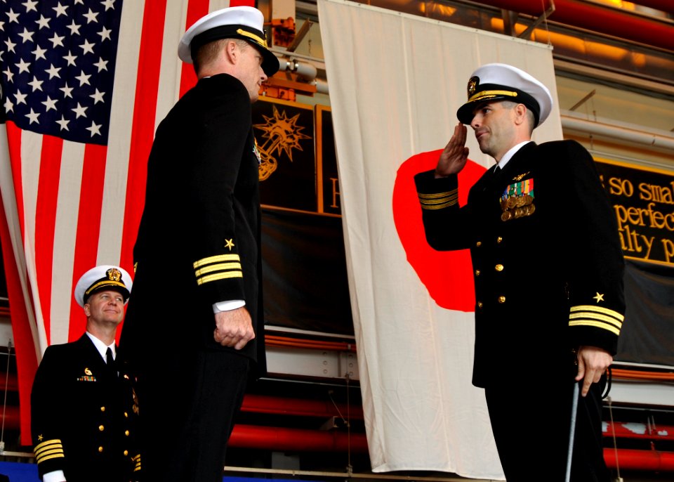 US Navy 091209-N-2638R-001 Cmdr. Gordon Cross is relieved of command by Cmdr. Fitzhugh Lee during a change of command ceremony at Naval Air Facility Atsugi
