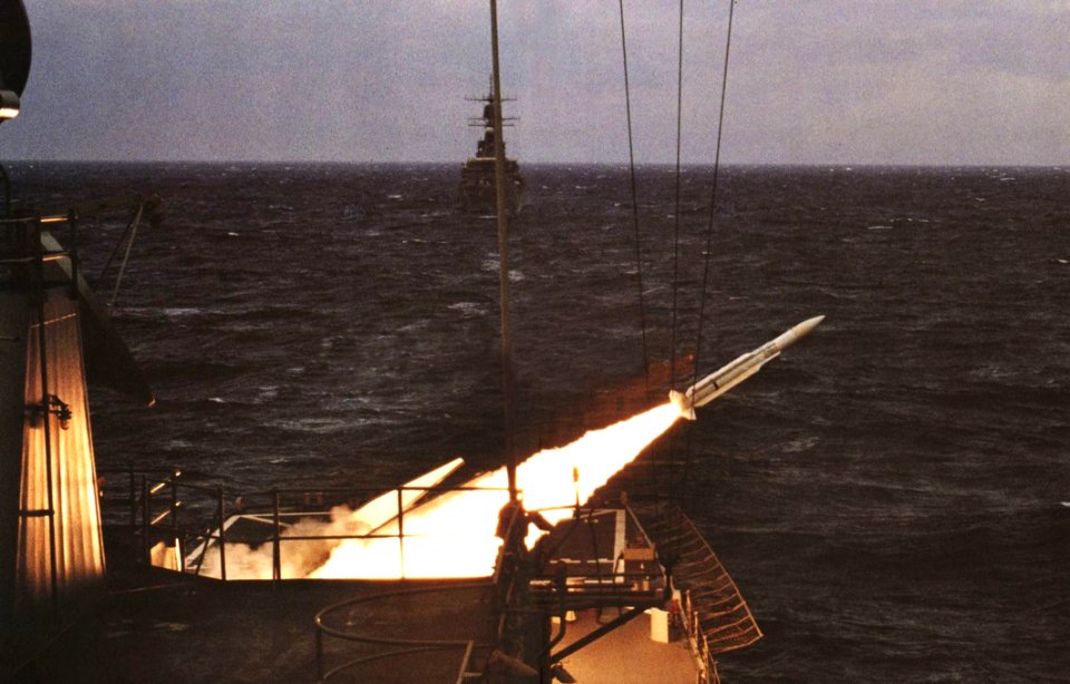 USS Arkansas (CGN-41) launches a RIM-66 Standard missile, circa in 1982