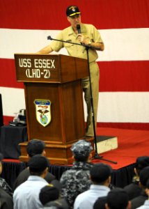 US Navy 091208-N-0120A-026 Vice Adm. Mark Ferguson, Chief of Naval Personnel, speaks to Sailors aboard the amphibious assault ship USS Essex (LHD 2) during an all-hands call