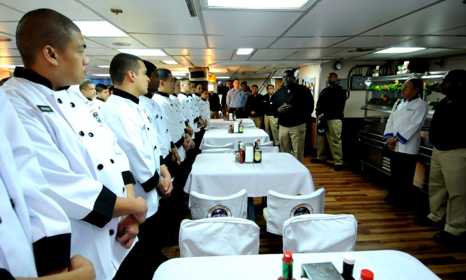US Navy 091208-N-7478G-273 Master Chief Culinary Specialist Michael Carter, an inspector for the Capt. Edward F. Ney Award for Food Service Excellence, speaks to culinary specialists
