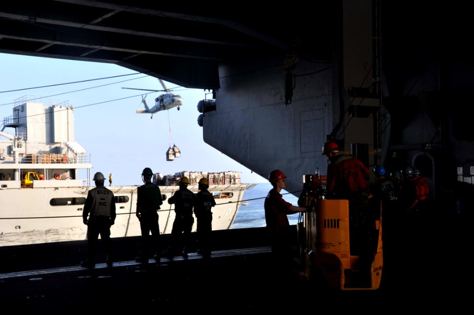 US Navy 091217-N-8421M-004 Sailors aboard the aircraft carrier USS Nimitz (CVN 68) receive stores during a replenishment at sea