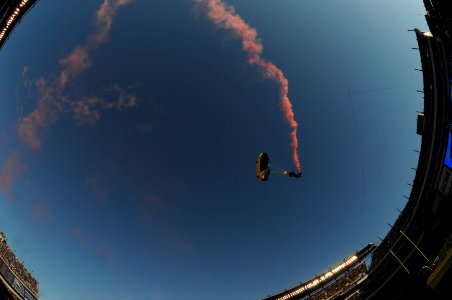 US Navy 091212-N-9693M-260 Navy Leap Frogs parachute demonstration team descend at the opening ceremony during the 110th Army-Navy college football game photo