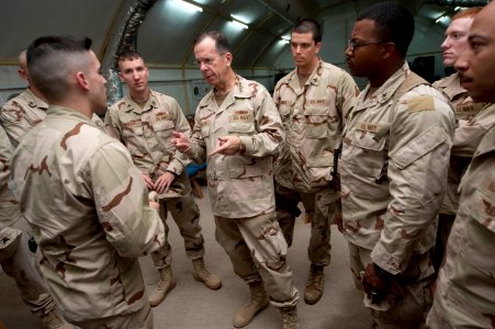 US Navy 091218-N-0696M-541 Adm. Mike Mullen, chairman of the Joint Chiefs of Staff, speaks with Sailors assigned to Riverine Squadron Three after an all hands call