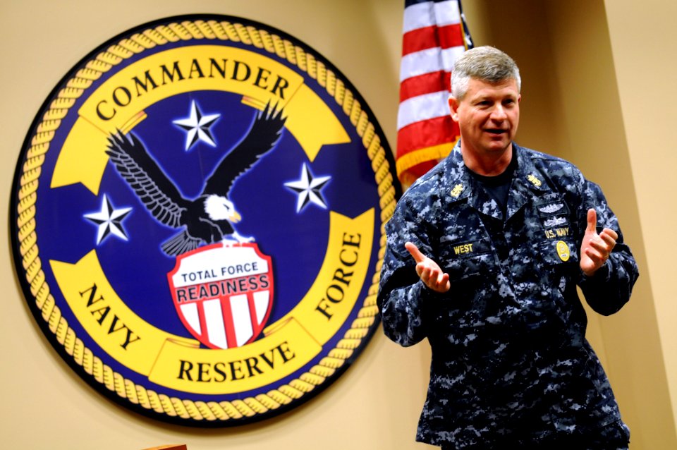 US Navy 091214-N-9818V-293 Master Chief Petty Officer of the Navy (MCPON) Rick West takes questions during an all-hands call during his tour of Naval Reserve Force Command