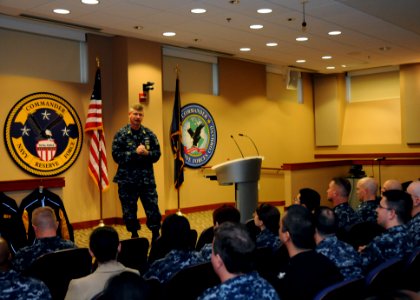 US Navy 091214-N-0193M-184 Master Chief Petty Officer of the Navy (MCPON) Rick D. West holds an all hands call photo