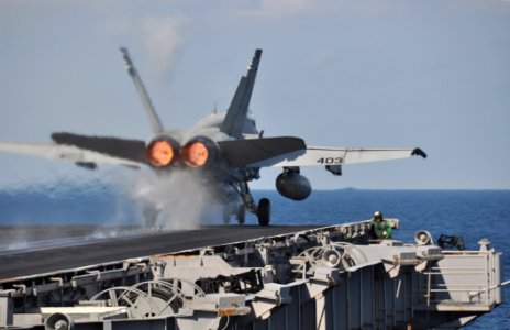 US Navy 091215-N-8421M-008 An F-A-18C Hornet assigned to the Sidewinders of Strike Fighter Squadron (VFA) 86 launches from the aircraft carrier USS Nimitz (CVN 68)