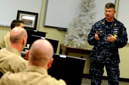 US Navy 091215-N-9818V-015 Master Chief Petty Officer of the Navy (MCPON) Rick West speaks with Sailors graduating from the Navy Command Career Counselor school photo
