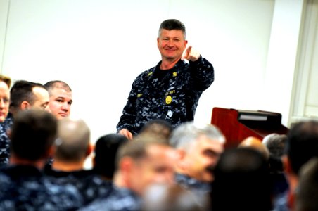 US Navy 091215-N-9818V-100 Master Chief Petty Officer of the Navy (MCPON) Rick West takes questions during an all chief petty officer's call photo