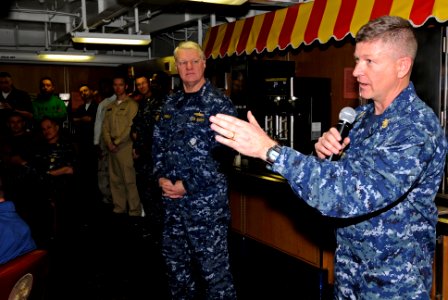 US Navy 100106-N-3038W-178 Master Chief Petty Officer of the Navy (MCPON) Richard West addresses the chief's mess aboard USS Nimitz (CVN 68)