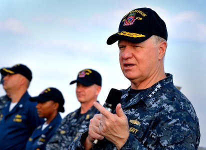 US Navy 100106-N-8273J-169 Chief of Naval Operations (CNO) Adm. Gary Roughead answers questions from Sailors aboard the guided-missile destroyer USS Sampson (DDG 102) photo