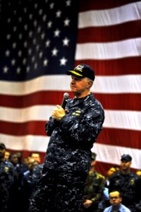 US Navy 100106-N-8273J-359 Chief of Naval Operations (CNO) Adm. Gary Roughead answers questions from Sailors aboard the aircraft carrier USS Nimitz (CVN 68)