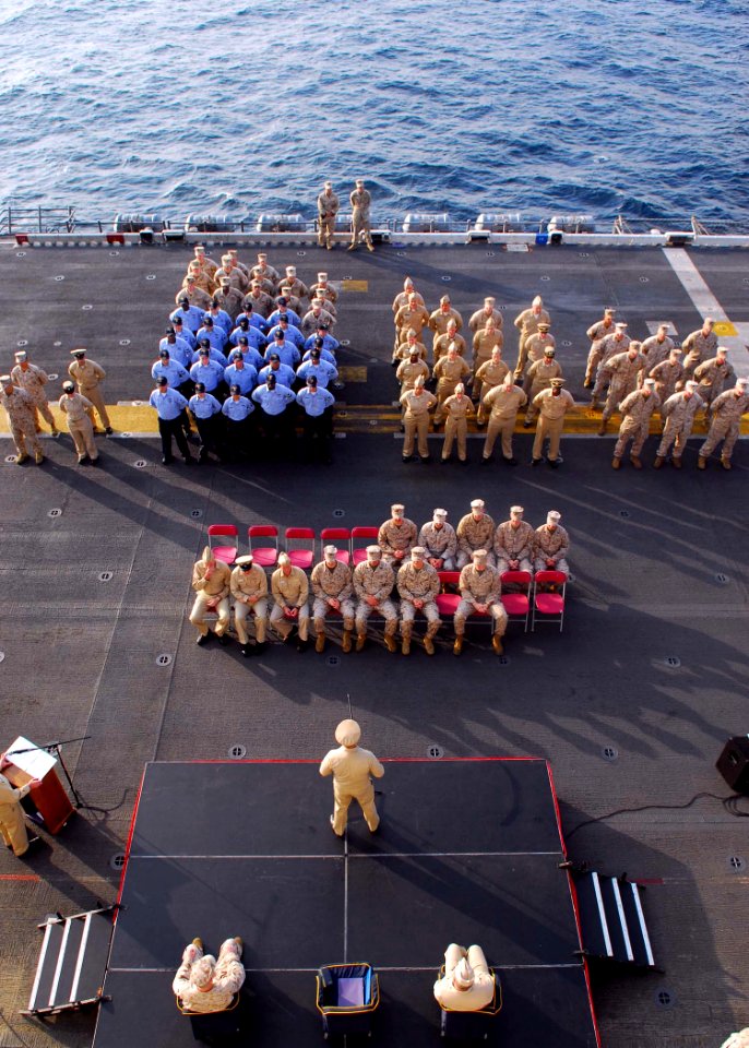 US Navy 091227-N-5148B-020 Capt. Rodney Clark delivers his farewell remarks during the Amphibious Squadron 7 change of command ceremony aboard the amphibious assault ship USS Bonhomme Richard (LHD 6)