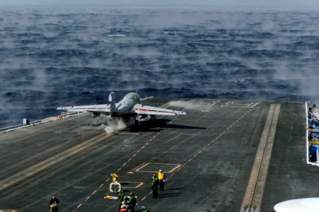 US Navy 100103-N-6604E-140 An E-A-6B Prowler assigned to the Patriots of Electronic Attack Squadron (VAQ) 140 launches during flight operations aboard the aircraft carrier USS Dwight D. Eisenhower (CVN 69)