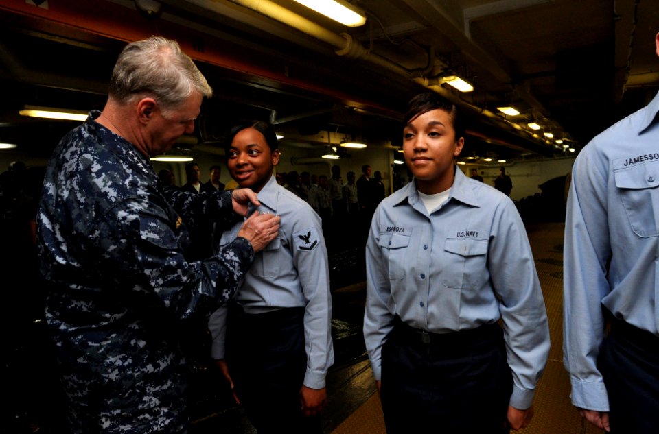 US Navy 100106-N-8273J-218 Chief of Naval Operations (CNO) Adm. Gary Roughead pins Enlisted Aviation Warfare Specialist pins on Sailors during a ceremony aboard the aircraft carrier USS Nimitz (CVN 68)