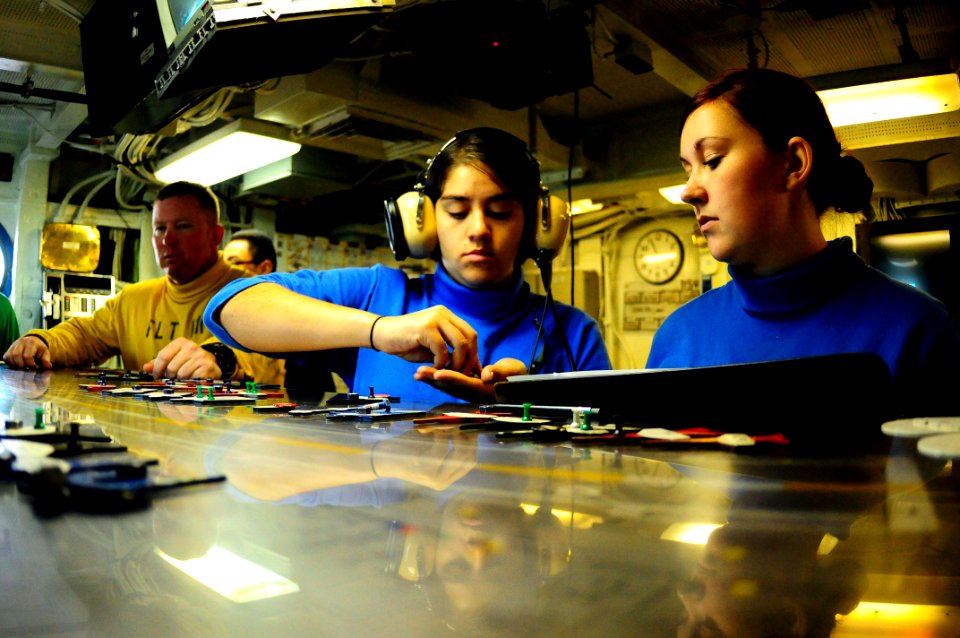 US Navy 100112-N-7939W-048 Aviation Boatswain's Mate (Handling) Airman Bianca Juarez, left, spots the Ouija board while Aviation Boatswain's Mate (Handling)