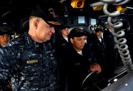 US Navy 100106-N-8273J-252 Chief of Naval Operations (CNO) Adm. Gary Roughead, left, visits with Sailors on the bridge aboard the guided-missile destroyer USS Sampson (DDG 102)