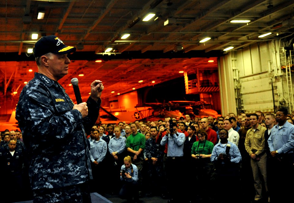 US Navy 100106-N-8273J-384 Chief of Naval Operations (CNO) Adm. Gary Roughead answers questions from Sailors aboard the aircraft carrier USS Nimitz (CVN 62)