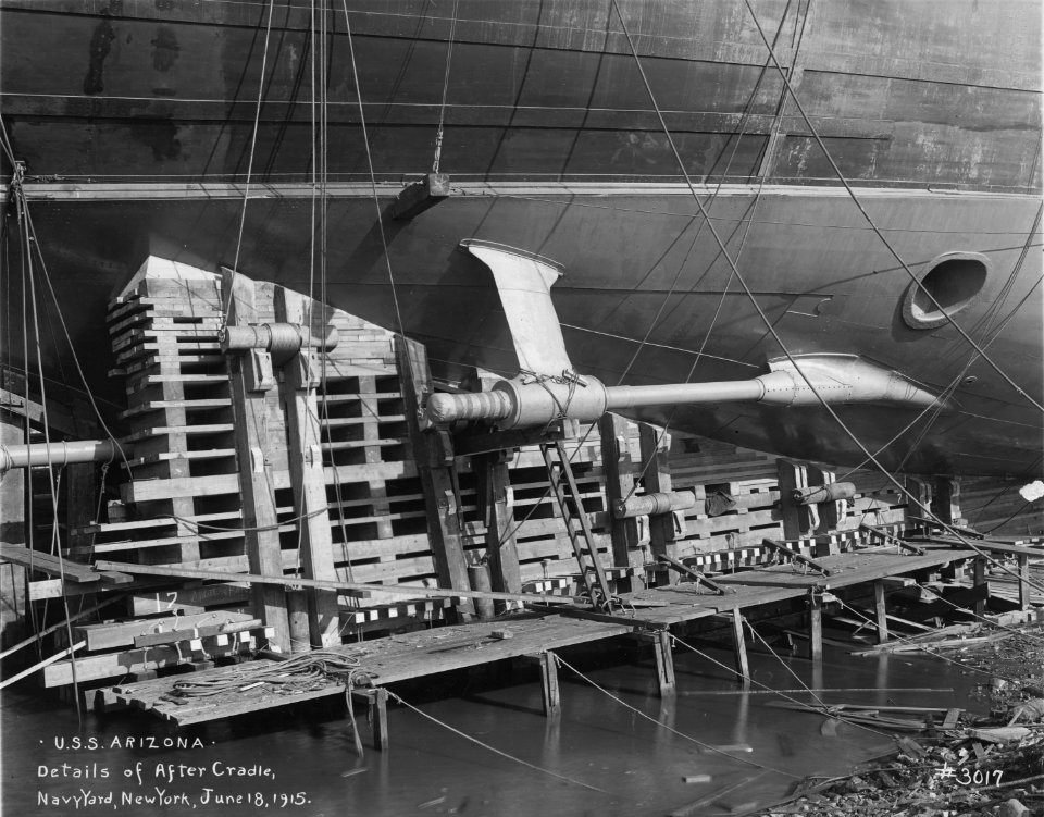 USS Arizona aft cradle before launch NARA 19-LC-19A-12