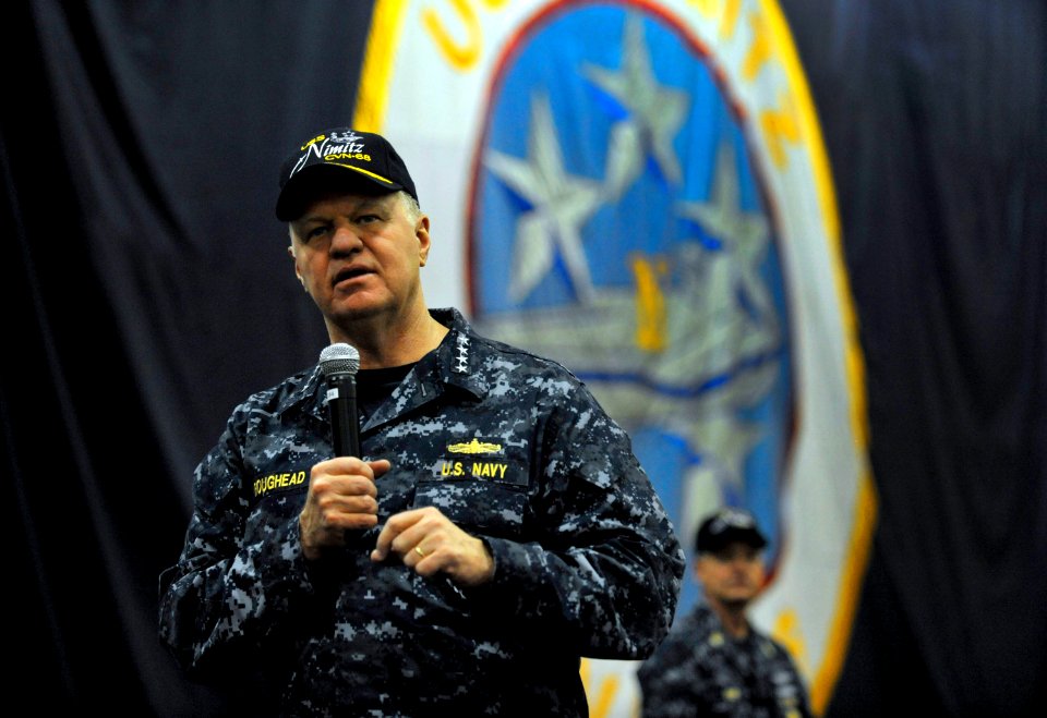 US Navy 100106-N-8273J-295 Chief of Naval Operations (CNO) Adm. Gary Roughead answers questions from Sailors aboard the aircraft carrier USS Nimitz (CVN 68)