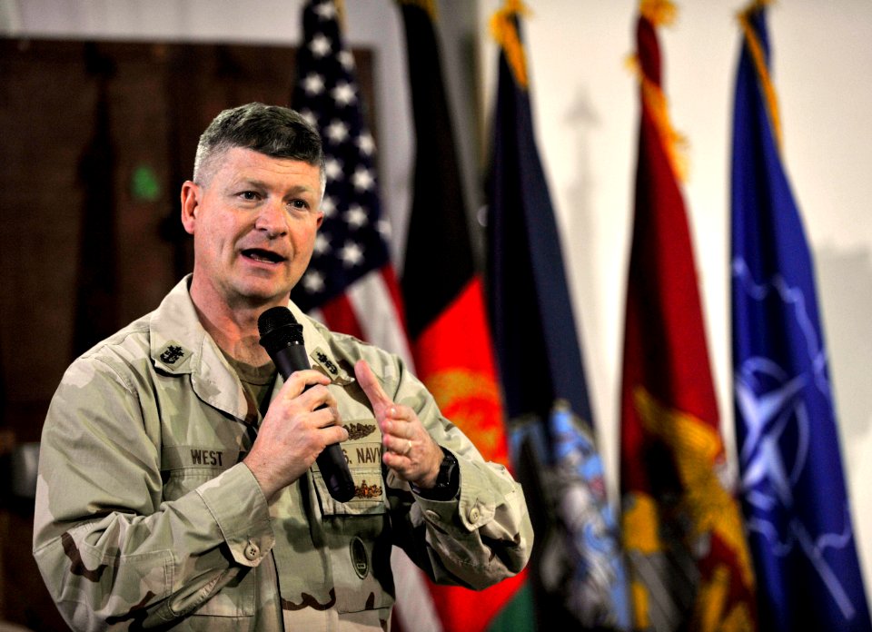 US Navy 100107-N-8273J-252 Master Chief Petty Officer of the Navy (MCPON) Rick West speaks with and answers questions from International Security Assistance Force (ISAF) Sailors while visiting Camp Eggers in Kabul, Afghanistan