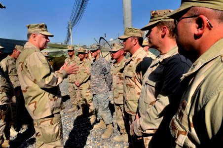 US Navy 100109-N-8273J-255 Chief of Naval Operations (CNO) Adm. Gary Roughead speaks with Sailors from Task Force Paladin at Kandahar Airfield, Afghanistan