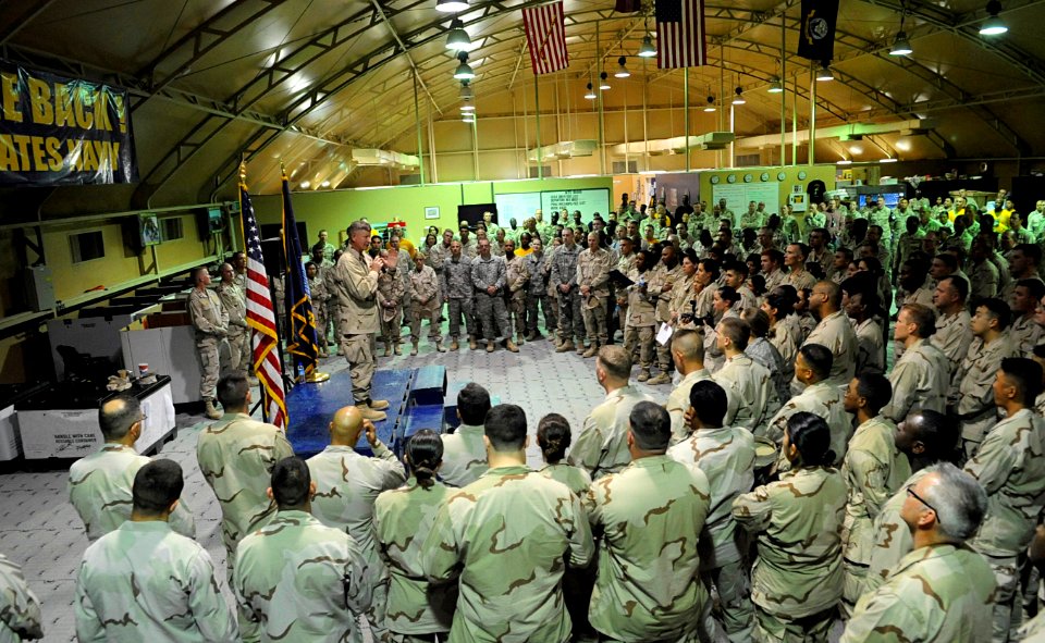 US Navy 100112-N-9500T-045 Master Chief Petty Officer of the Navy Rick West conducts an all-hands call at Camp Arifjan, Kuwait