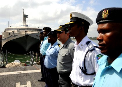 US Navy 100115-N-1429M-027 he Africa Partnership Station (APS) East international staff stand in formation during an APS East press conference aboard the guided-missile frigate USS Nicholas (FFG 47)