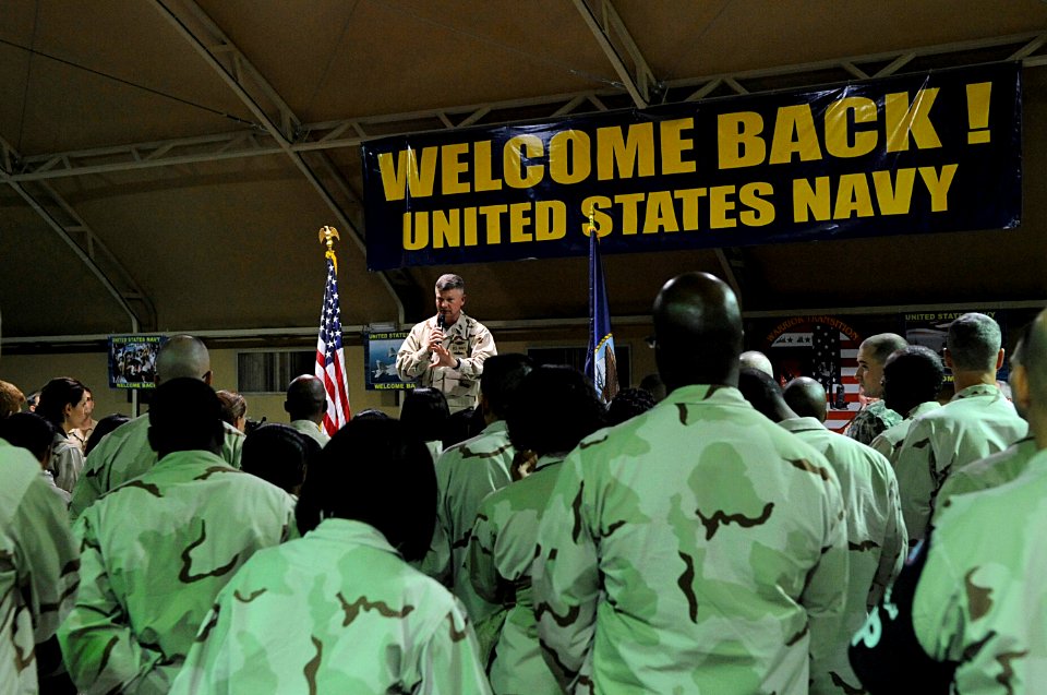 US Navy 100112-N-9500T-050 Master Chief Petty Officer of the Navy Rick West answers questions during an all-hands call at Camp Arifjan, Kuwait
