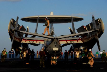 US Navy 100110-N-3327M-080 Sailors assigned to the Wallbangers of Carrier Airborne Early Warning Squadron (VAW) 117 prepare for flight operations