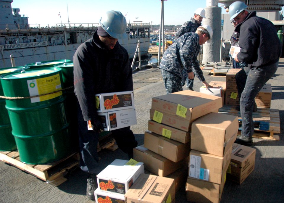 US Navy 100113-N-9806M-011 Sailors load supplies aboard the amphibious dock landing ship USS Fort McHenry (LSD 43)