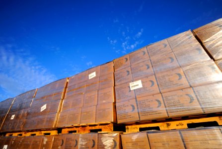 US Navy 100115-N-5345W-012 Dozens of pallets of meals-ready-to-eat sit in a staging area before being loaded onto the multi-purpose amphibious assault ship USS Bataan (LHD 5) and other ships of the Bataan Amphibious Relief Miss
