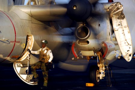 US Navy 100114-N-3589B-007 viation Structural Mechanic 3rd Class Oliver Charles assigned to the Wallbangers of Carrier Airborne Early Warning Squadron (VAW)