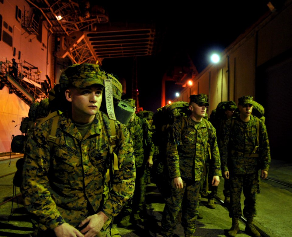 US Navy 100115-N-1831S-112 Marines assigned to the 22nd Marine Expeditionary Unit (22nd MEU) prepare to embark aboard the multi-purpose amphibious assault ship USS Bataan (LHD 5)