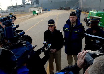 US Navy 100115-N-2456S-031 Capt. Cynthia Thebaud, left, commander of Destroyer Squadron 60, German navy Cmdr. Thomas Blaess and Senegalese navy Lt. Assane Seye speak with local media at Joint Expeditionary Base Little Creek-For