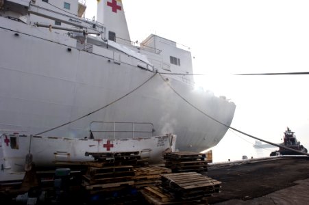 US Navy 100116-N-XXXXX-219 The Military Sealift Command (MSC) hospital ship USNS Comfort (T-AH 20) prepares to get underway for a short notice humanitarian deployment to Port-au-Prince, Haiti
