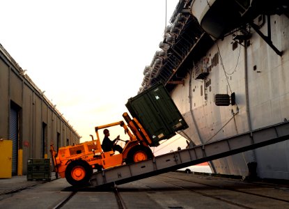US Navy 100115-N-5345W-071 A forklift driver loads relief supplies aboard the multi-purpose amphibious assault ship USS Bataan (LHD 5)