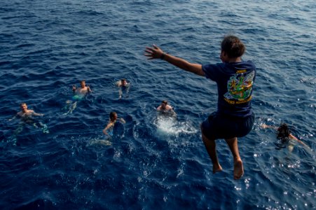 USS Antietam Sailors participate in a swim call and a replenishment at sea 160320-N-ZZ786-034