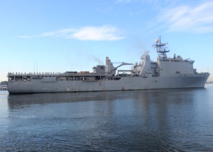 US Navy 100115-N-6764G-110 The amphibious transport dock ship USS Gunston Hall (LSD 44) departs Joint Expeditionary Base Little Creek-Fort Story to conduct humanitarian assistance to earthquake victims in Haiti