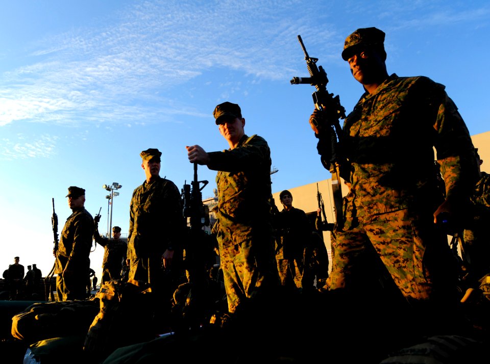 US Navy 100115-N-5345W-025 Marines assigned to the 22nd Marine Expeditionary Unit (22nd MEU) conduct an equipment inventory while preparing to embark aboard the amphibious dock landing ship USS Fort McHenry (LSD 43)