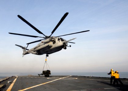 US Navy 100116-N-6676S-619 A CH-53E Super Stallion delivers a water buffalo to USS Gunston Hall (LSD 44) photo