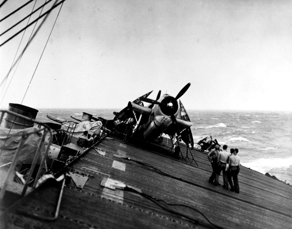 USS Anzio (CVE-57) rolling heavily during Typhoon Cobra, 17 December 1944 (80-G-298079)