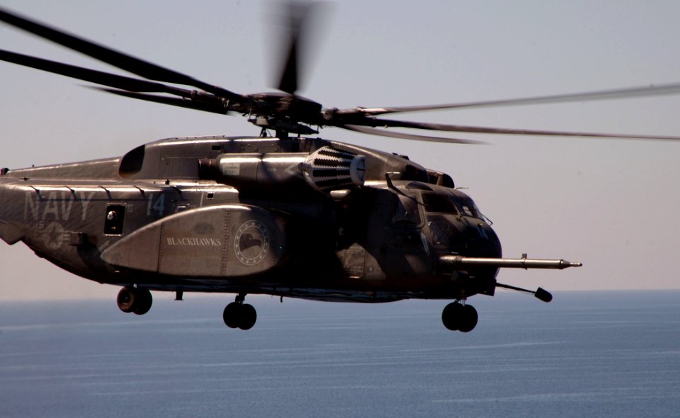 US Navy 100118-N-8822R-027 An MH-53E Sea Dragon helicopter assigned to the Blackhawks of Helicopter Mine Countermeasure Squadron (HM) 14 lifts off from the Nimitz-class aircraft carrier USS Carl Vinson (CVN 70)