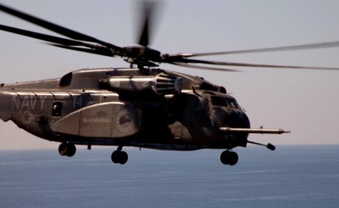 US Navy 100118-N-8822R-027 An MH-53E Sea Dragon helicopter assigned to the Blackhawks of Helicopter Mine Countermeasure Squadron (HM) 14 lifts off from the Nimitz-class aircraft carrier USS Carl Vinson (CVN 70)